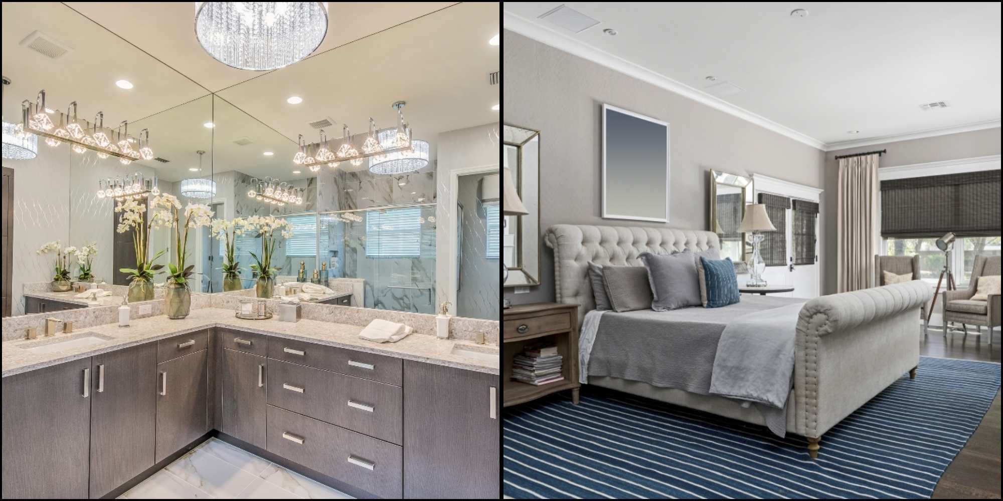 Split view of a primary bathroom addition and a primary bedroom addition in Naperville, IL by J&J Construction