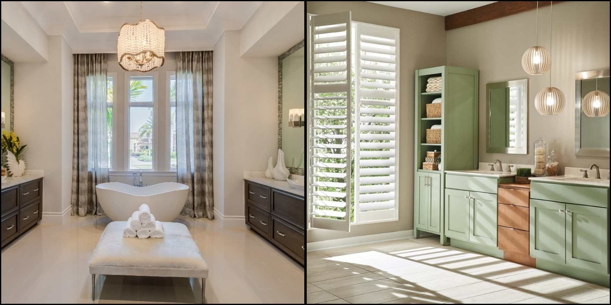 Side-by-side bathroom remodel photos by J&J Construction in Naperville, IL, one featuring a soaking tub and custom lighting, the other featuring green cabinetry and du