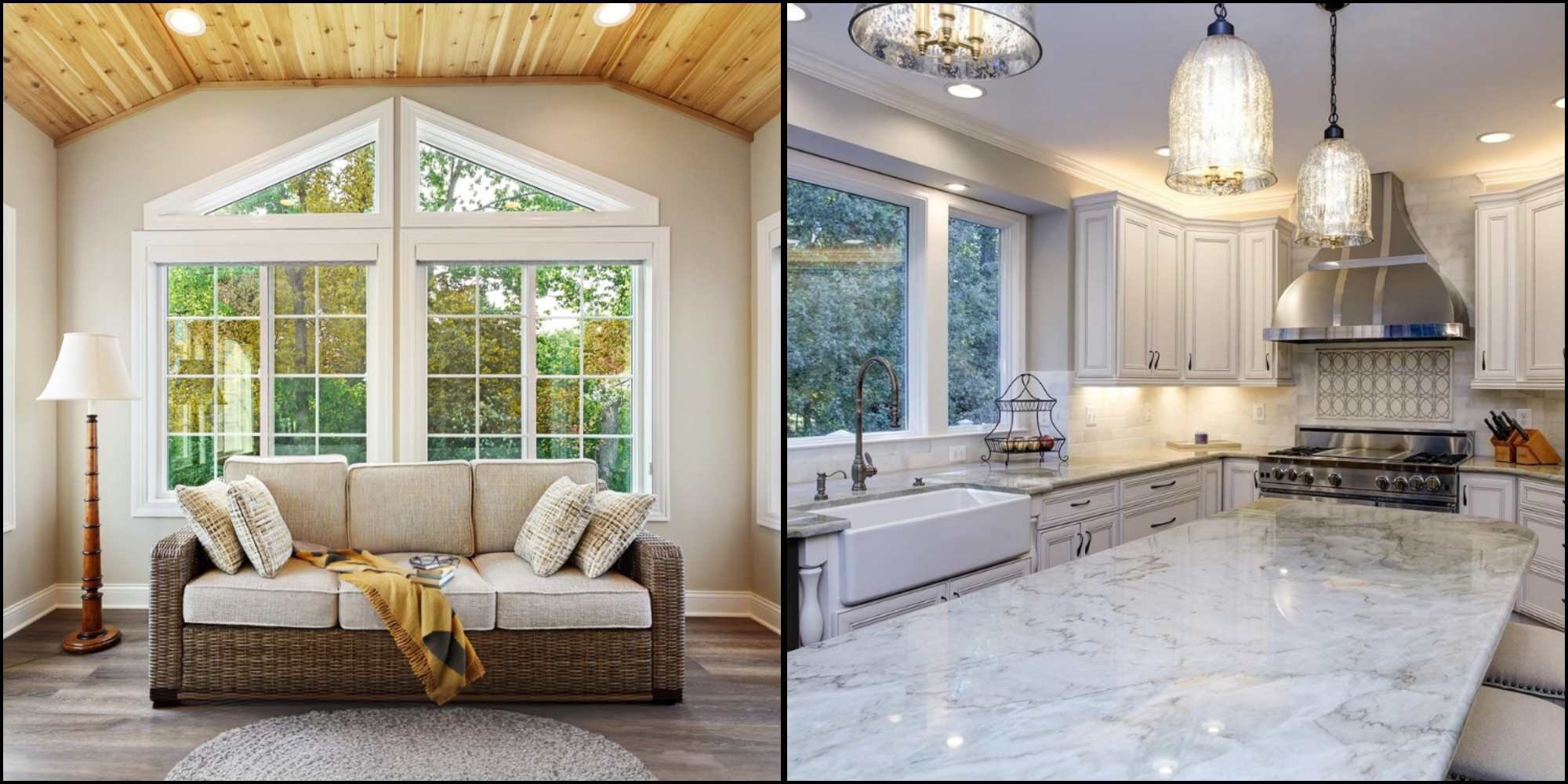 Side-by-side photos, one of a sunroom addition with large windows, the other of a remodeled kitchen in Naperville with quartz countertops, a decorative tile backsplash
