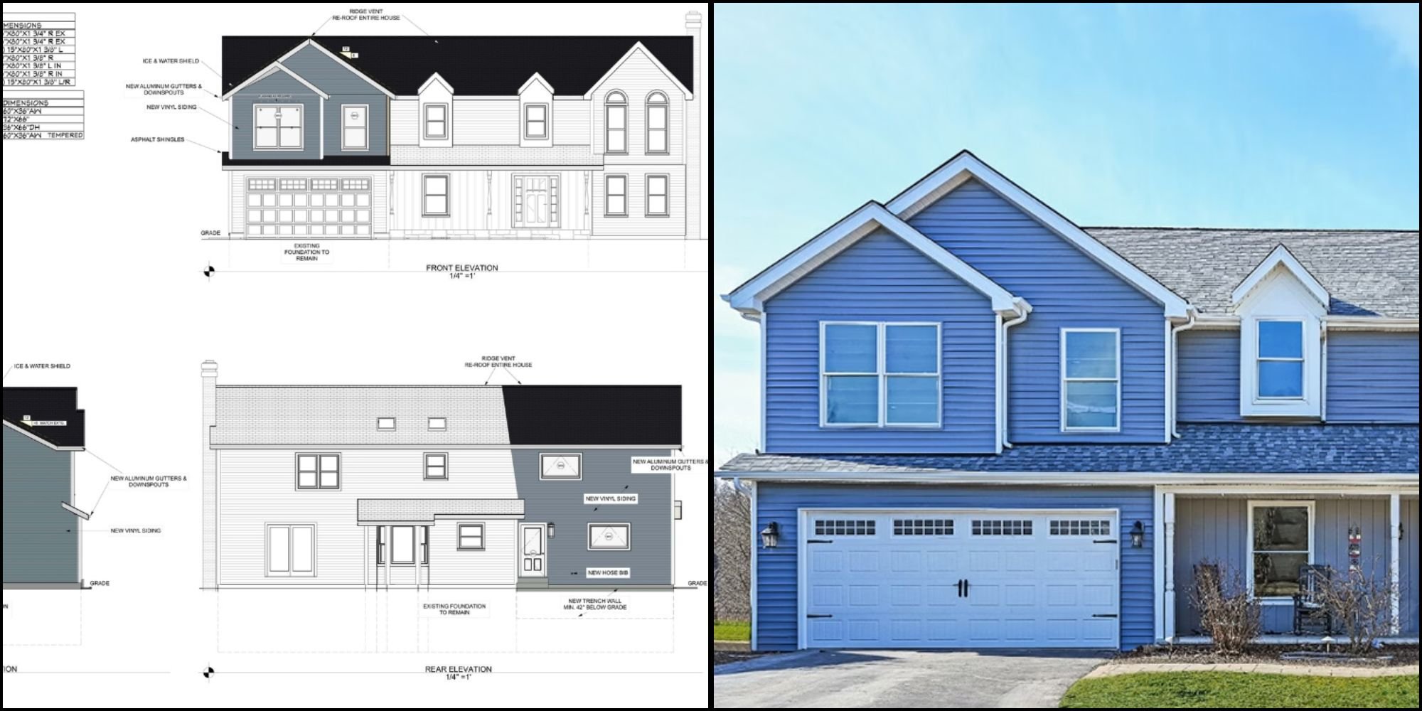 Exterior of a room addition over a garage attached to a home with blue siding and white trim and doors next to an image of the plans for the addition by J&J Constructi