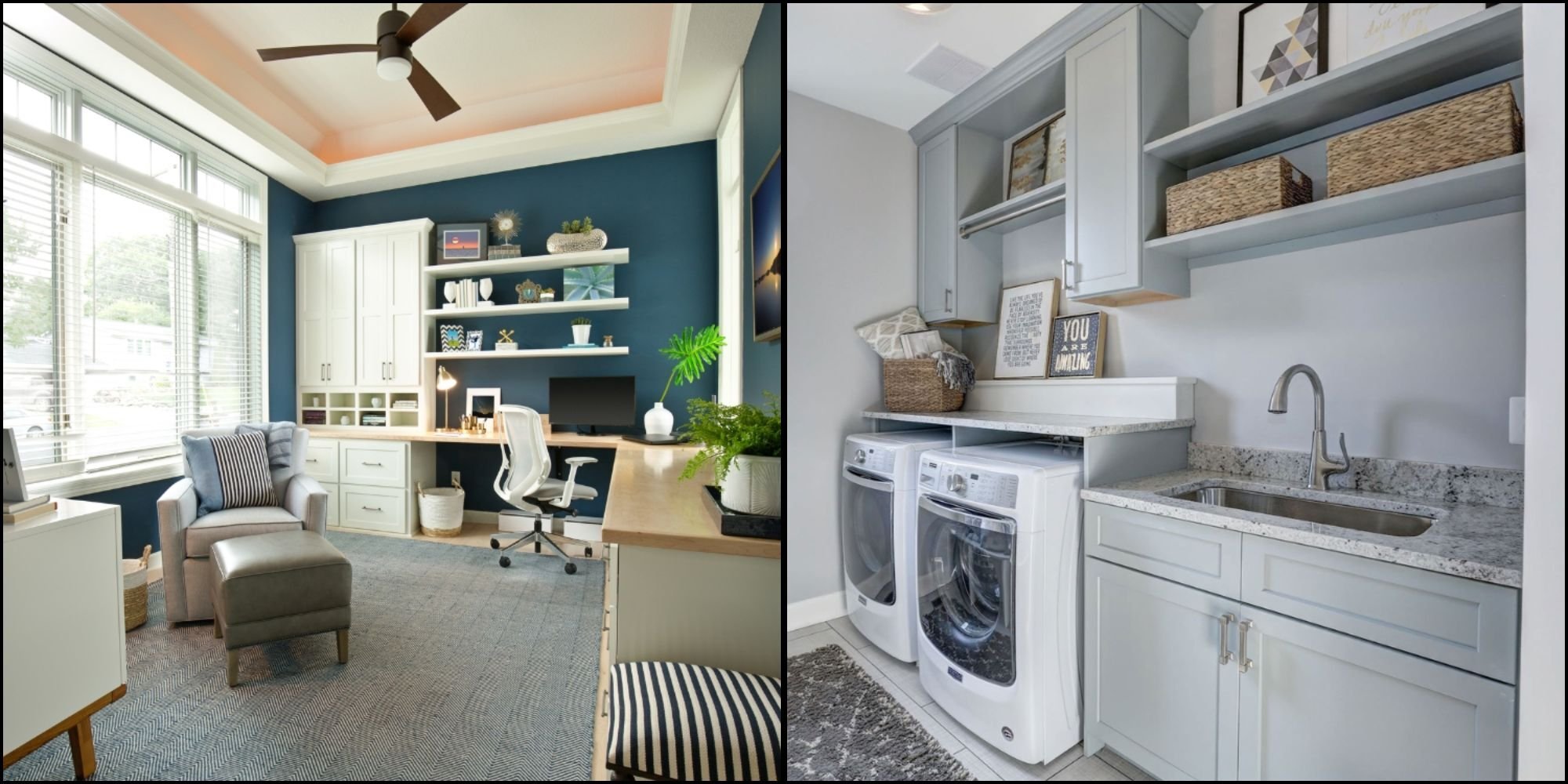 Side-by-side interior photos of a multipurpose home office addition on the left with dark blue walls and white trim, and a light, airy laundry room with a sink in a se