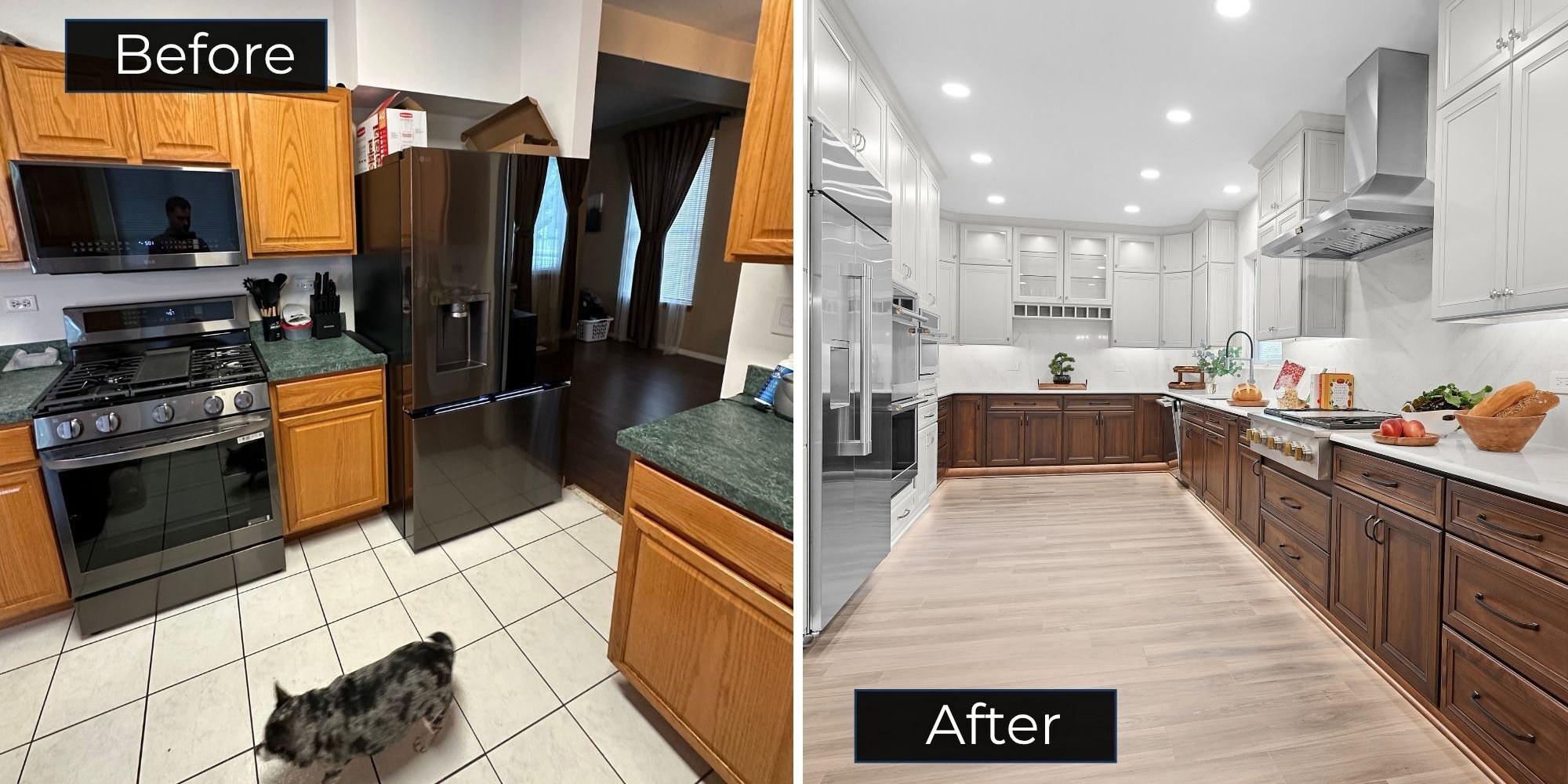 Before and after of a kitchen remodel in Aurora, IL. Before shows basic green countertops, wood cabinetry, and black appliances, After shows stainless