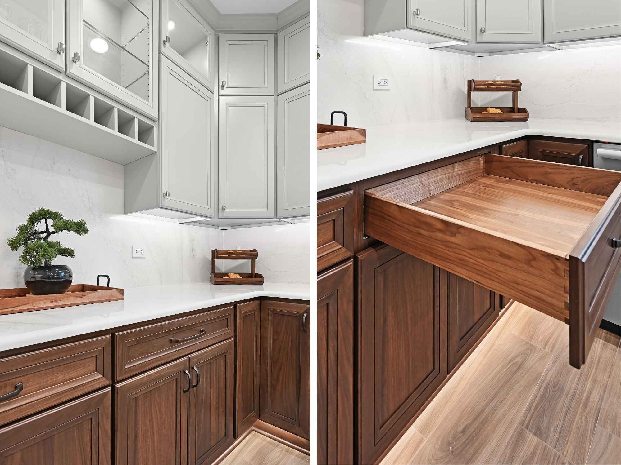 Detailed views of lower stained walnut cabinetry and upper white-painted cabinetry in an Aurora kitchen remodel by J&J Construction.