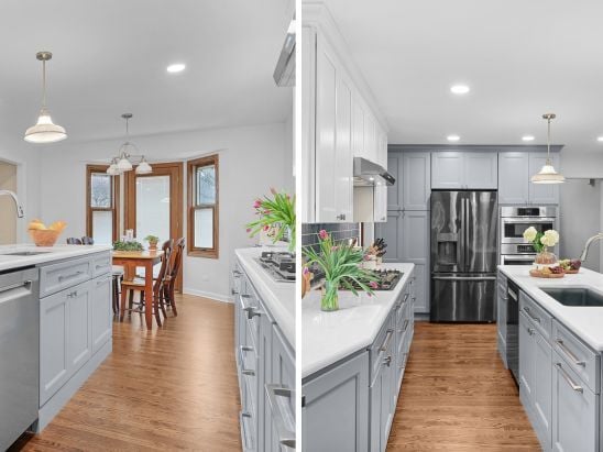 Image of J&J Construction kitchen remodel with custom lighting, multifunctional island, and open layout in Naperville, IL