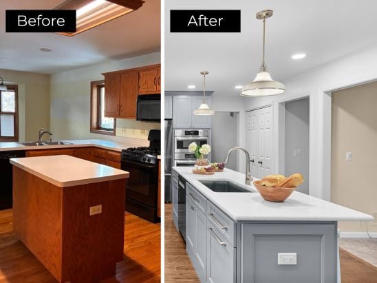 Image of before and after kitchen remodel by J&J Construction featuring a custom island in Naperville, IL