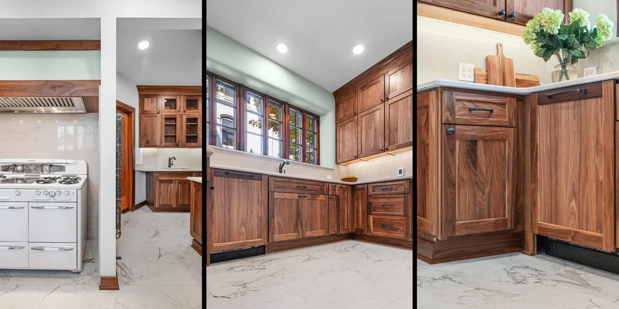 Spacious kitchen remodel with wood feature cabinets in the Chicagoland area by J&J Construction