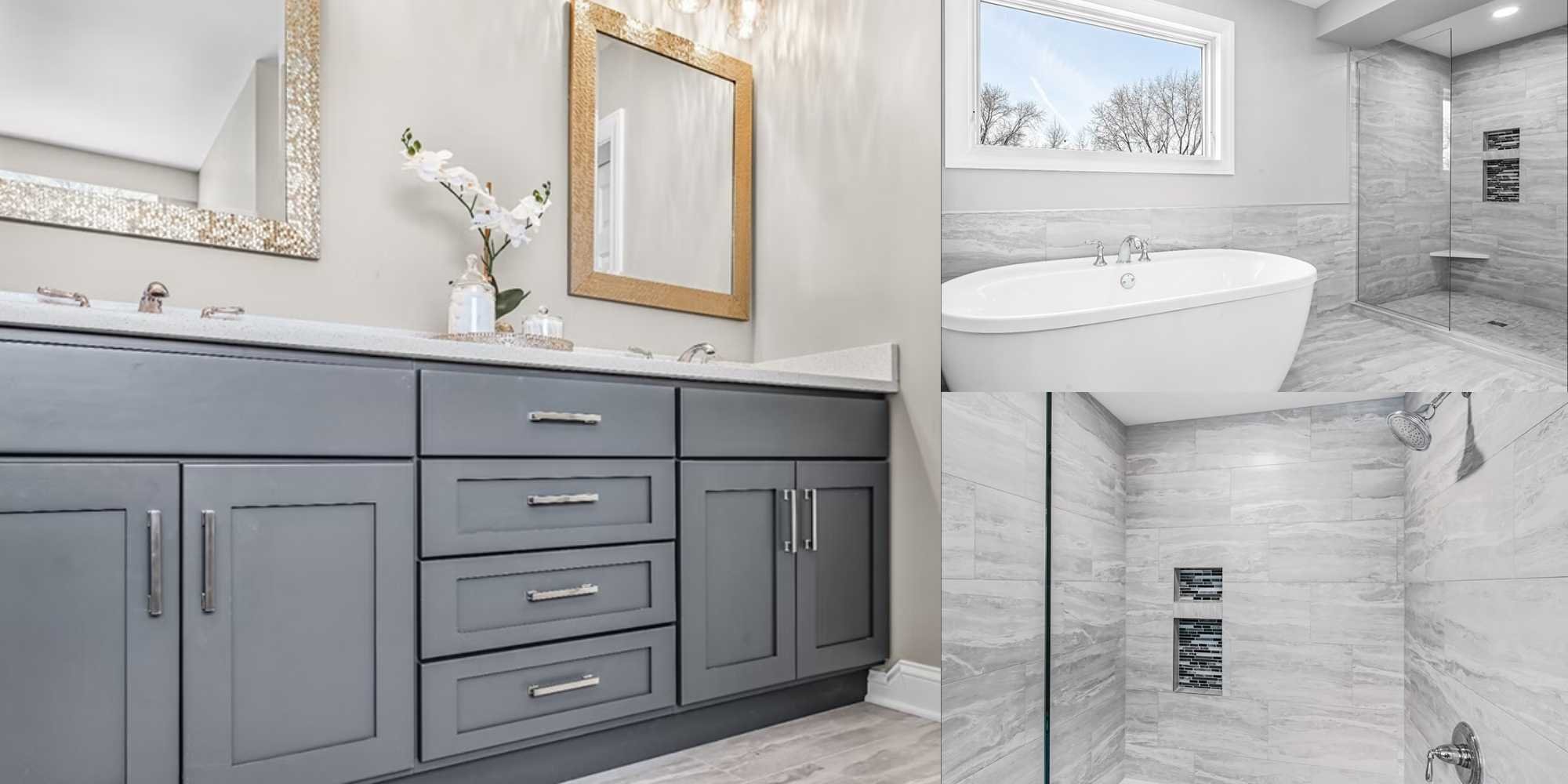 Photo of a bathroom remodel with dual vanity, soaking tub, and standing shower in Naperville, IL