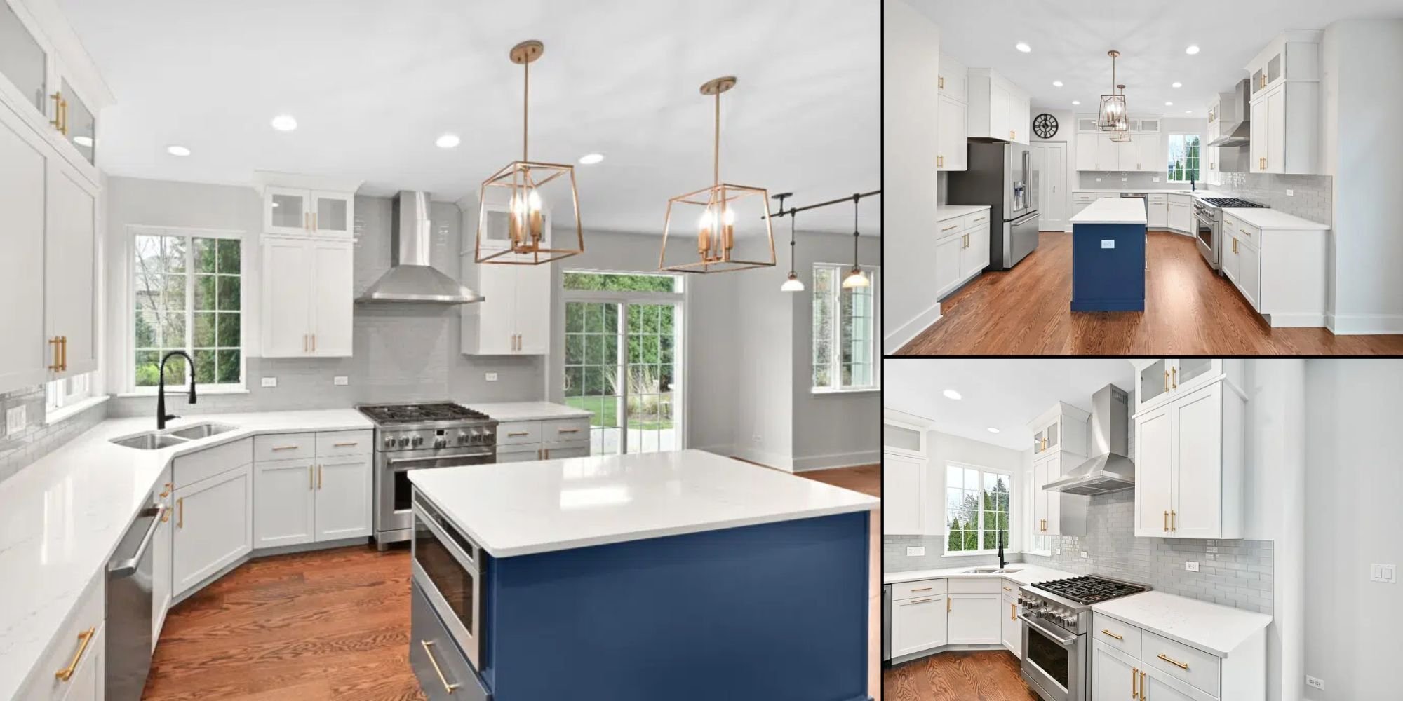 Chicagoland kitchen remodel by J&J Construction featuring white shaker cabinets and blue island