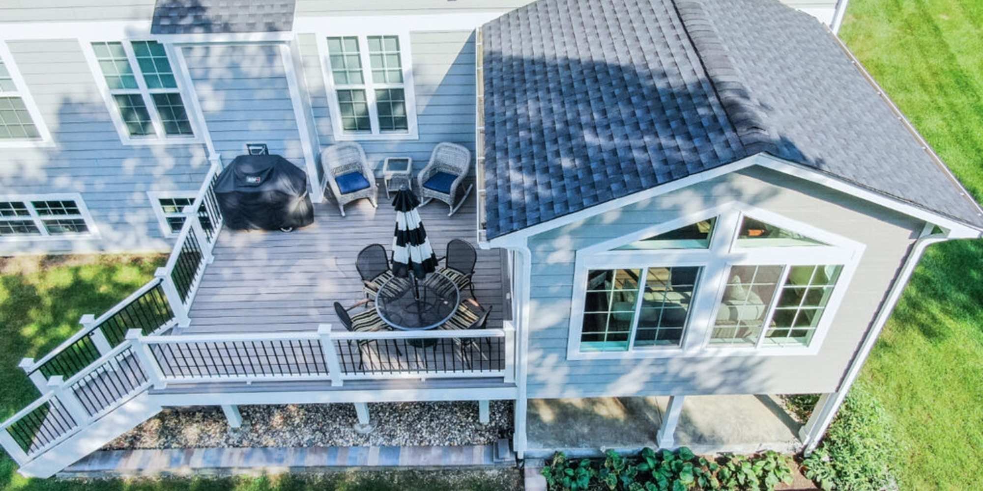 Aerial view of sunroom and deck addition by J&J Construction in Naperville