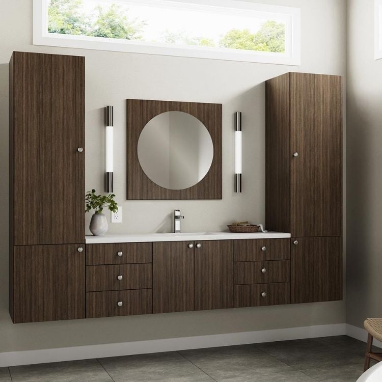 Modern floating bathroom vanity with stained wood