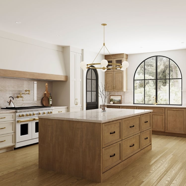 kitchen with mixed white cabinets and stained cabinets