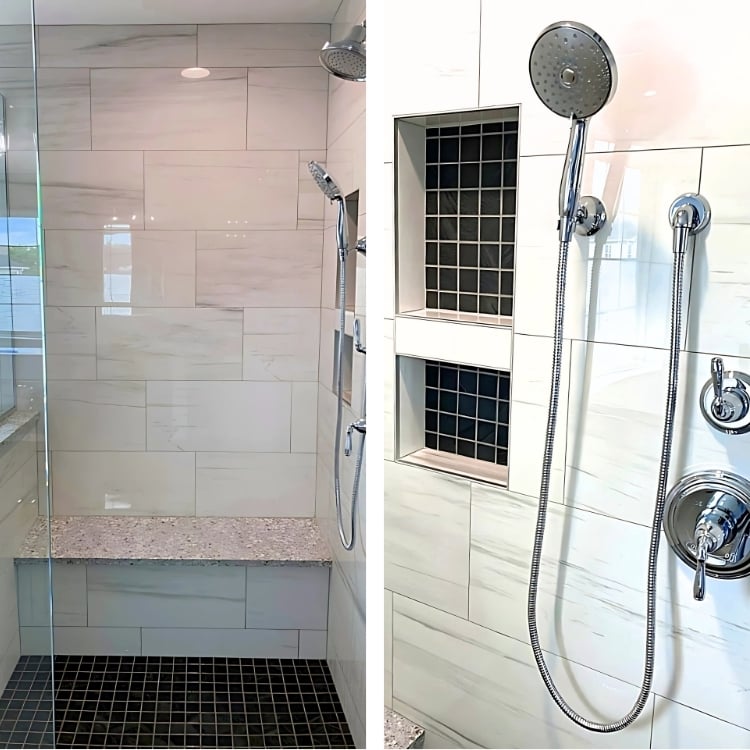 Image of the standing shower with a bench in a bathroom remodel by J&J Construction in Oswego, IL