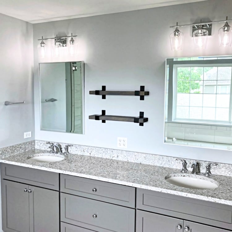 Image of the dual sink vanity installed in a bathroom remodel by J&J Construction in Oswego, IL