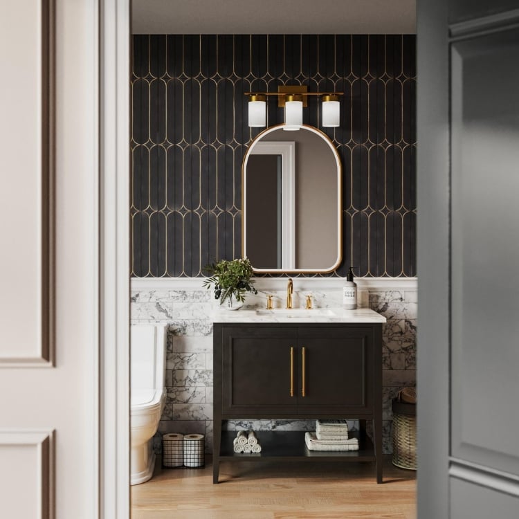 mixed tile in bathroom with dark vanity