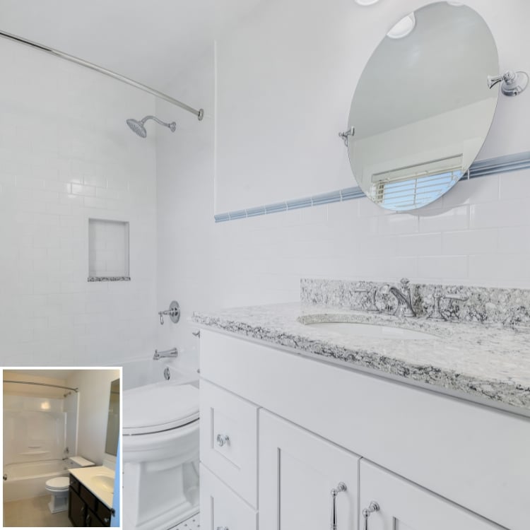 Before and after image of a bathroom remodel by J&J Construction in Winfield, IL