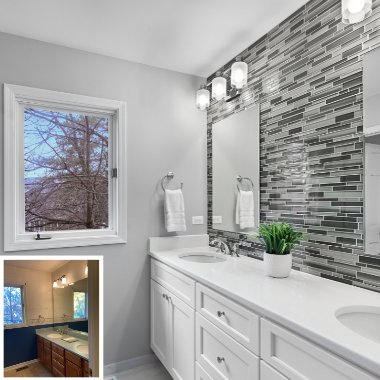 Image of the before and after the bathroom remodel in Naperville, IL by J&J Remodeling