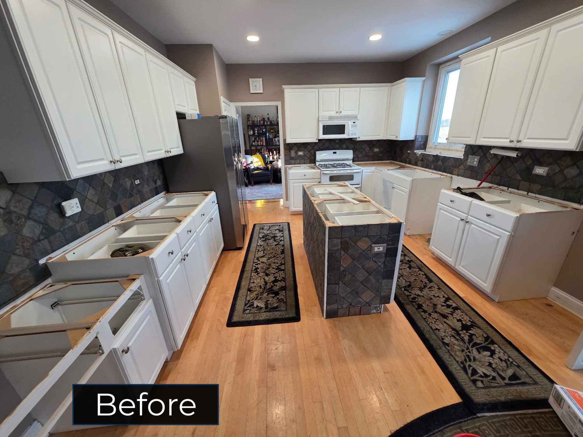 An image of kitchen remodel before construction with existing cabinetry and tile backsplash in Aurora, IL