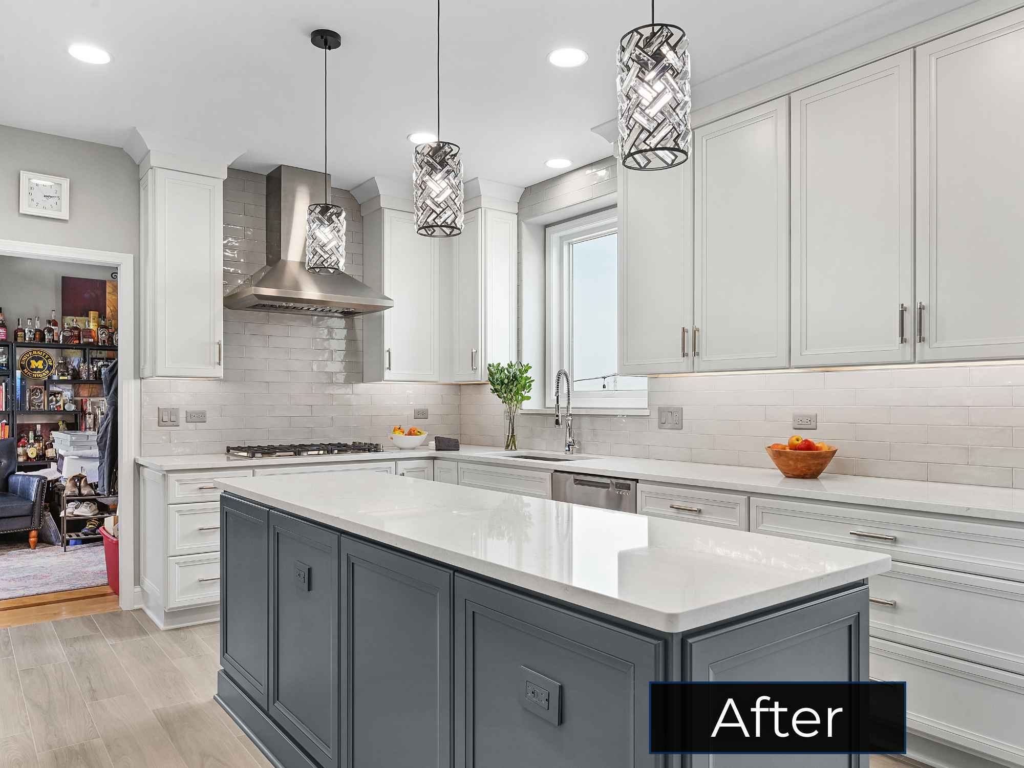 An image of remodeled kitchen featuring quartz countertops and custom cabinets in Aurora, IL by J&J Construction