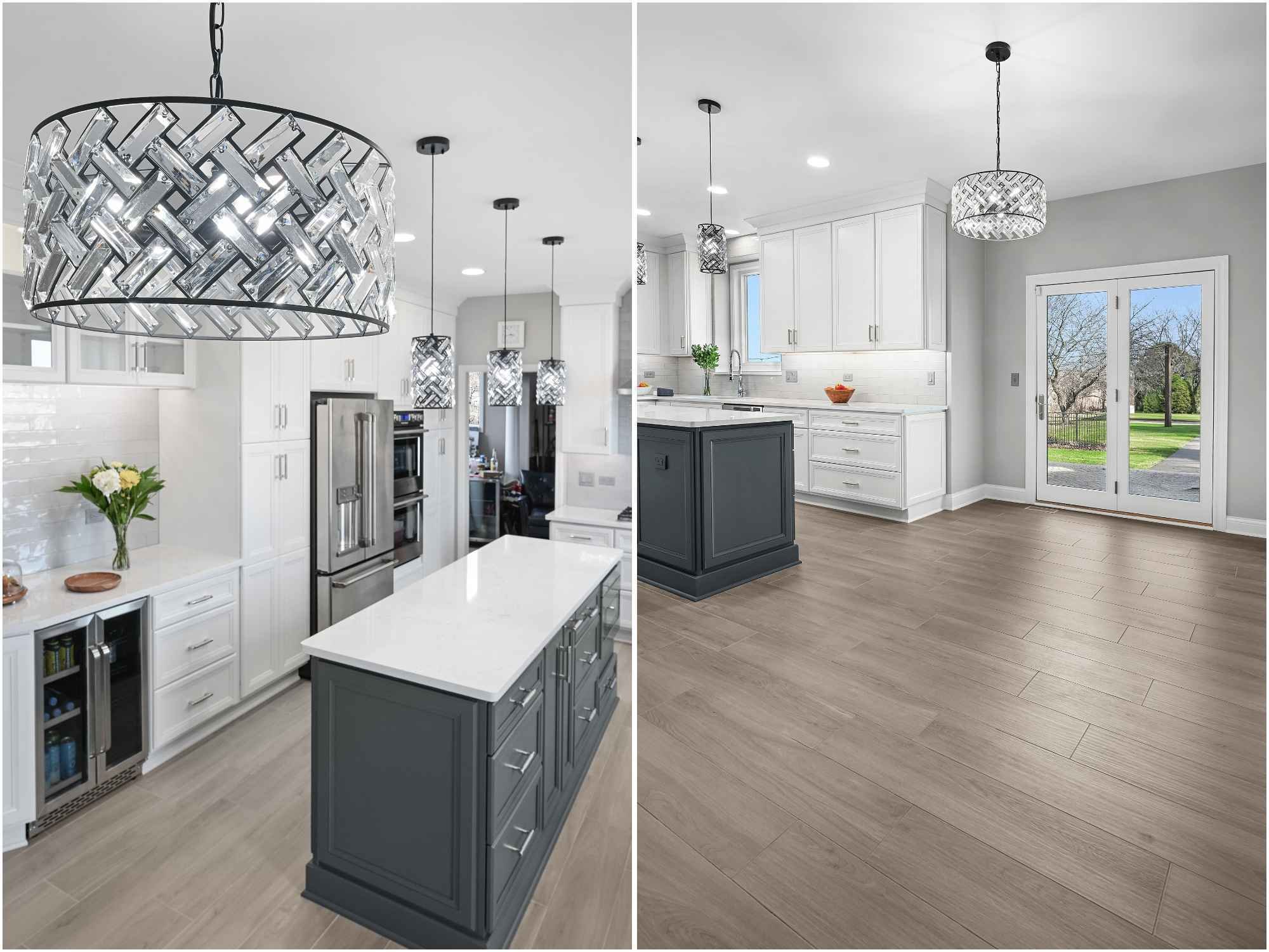 Image of J&J Construction kitchen remodel with custom lighting, quartz island, and open layout in Aurora, IL
