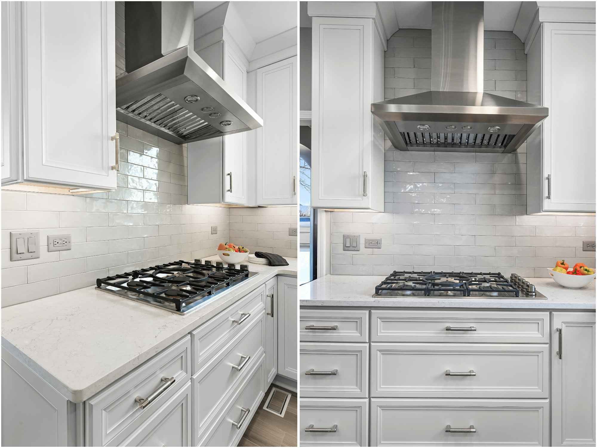 Image of J&J Construction kitchen remodel with custom range hood and quartz countertops in Aurora, IL