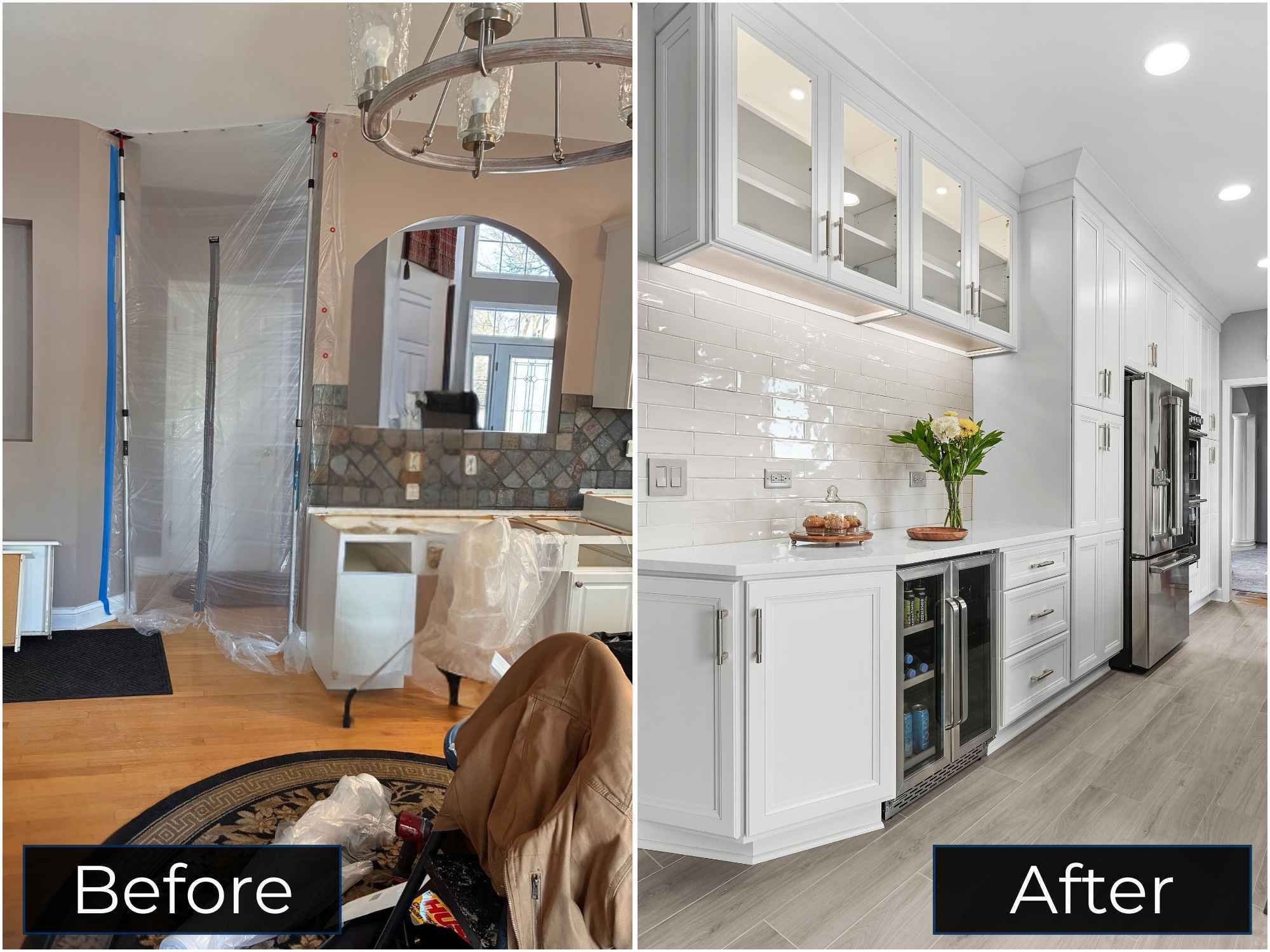 Image of before and after kitchen remodel by J&J Construction featuring custom cabinetry in Aurora, IL
