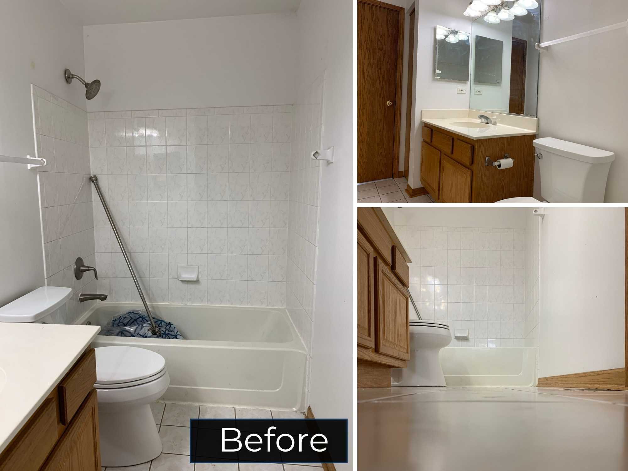 Image of a hall bathroom with a single sink vanity and bathrub before a remodel in Chicagoland