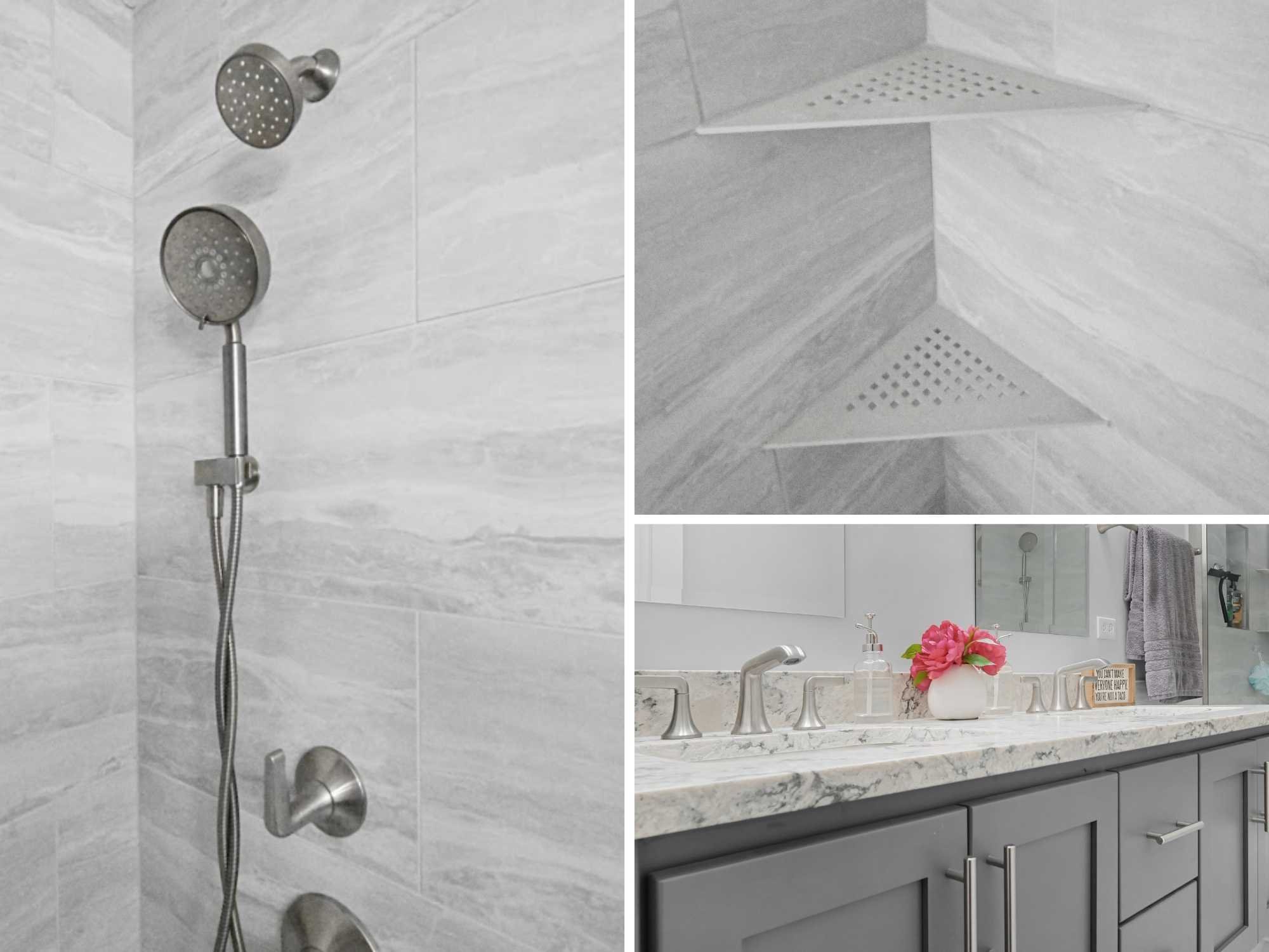 Image of a remodeled hall bathroom with Breccia white tile and Schluter trim in satin nickel