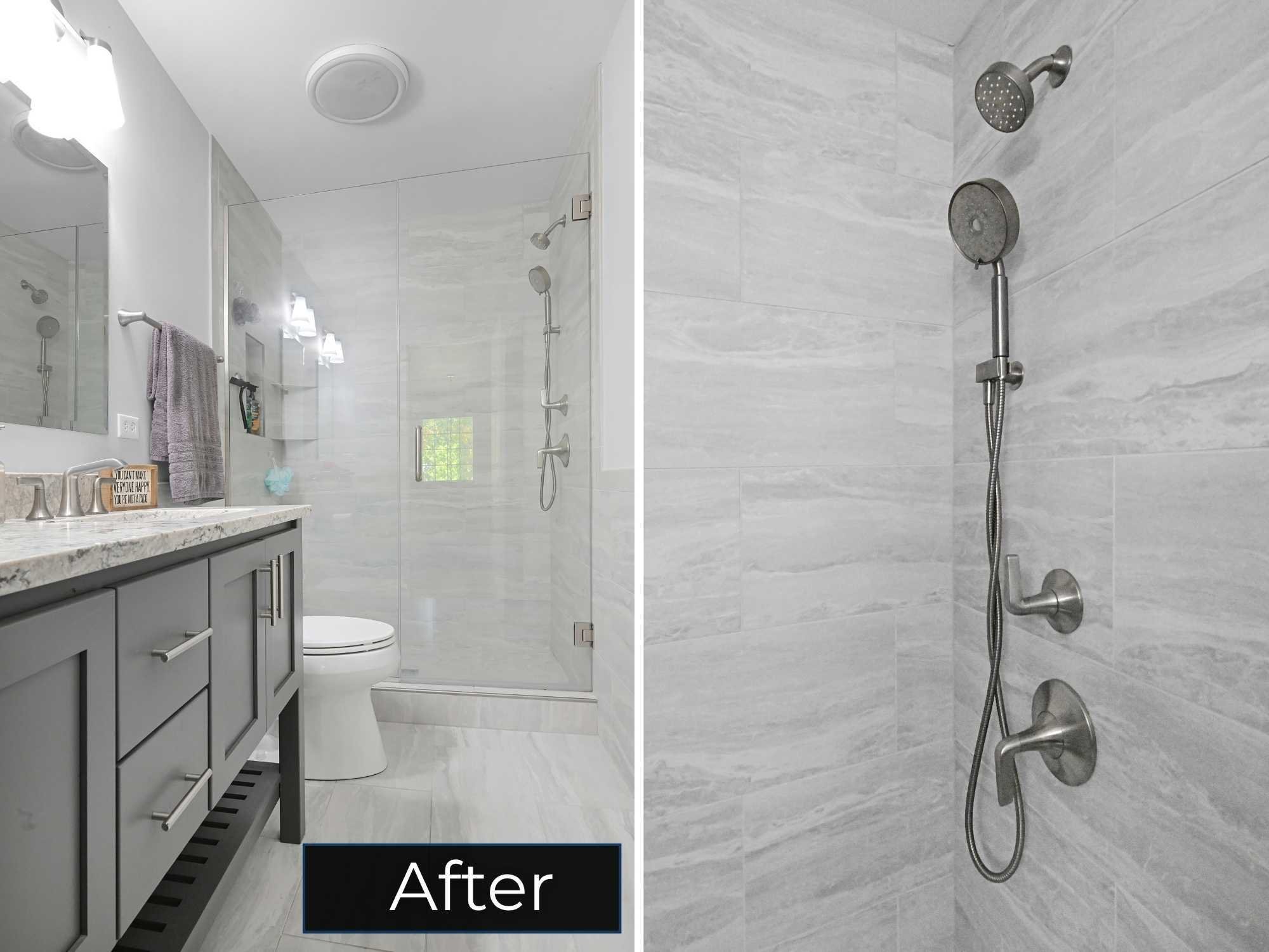 Image of a remodeled hall bathroom with Schluter trim and walk-in shower by J&J Construction