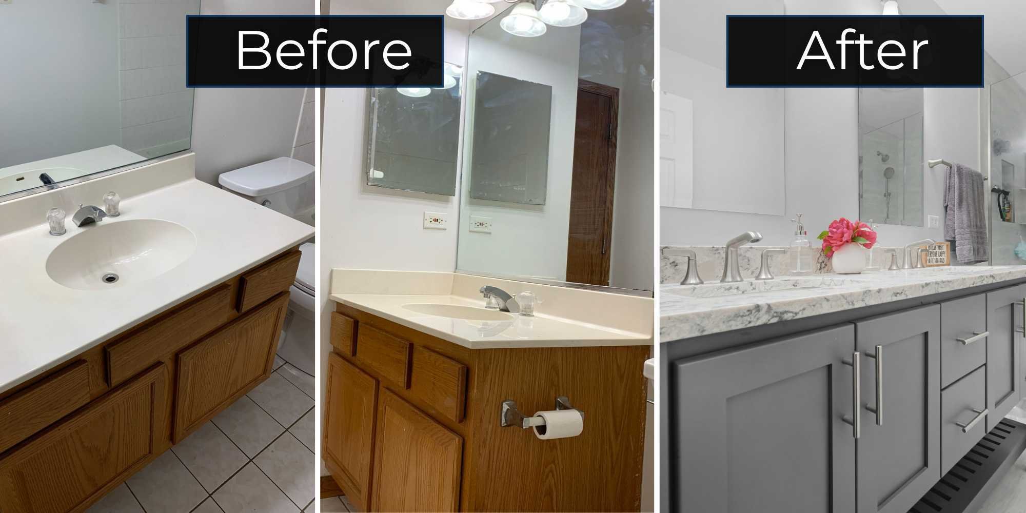 Image of the bathroom vanity before and after the bathroom remodel in Chicagoland by J&J Construction