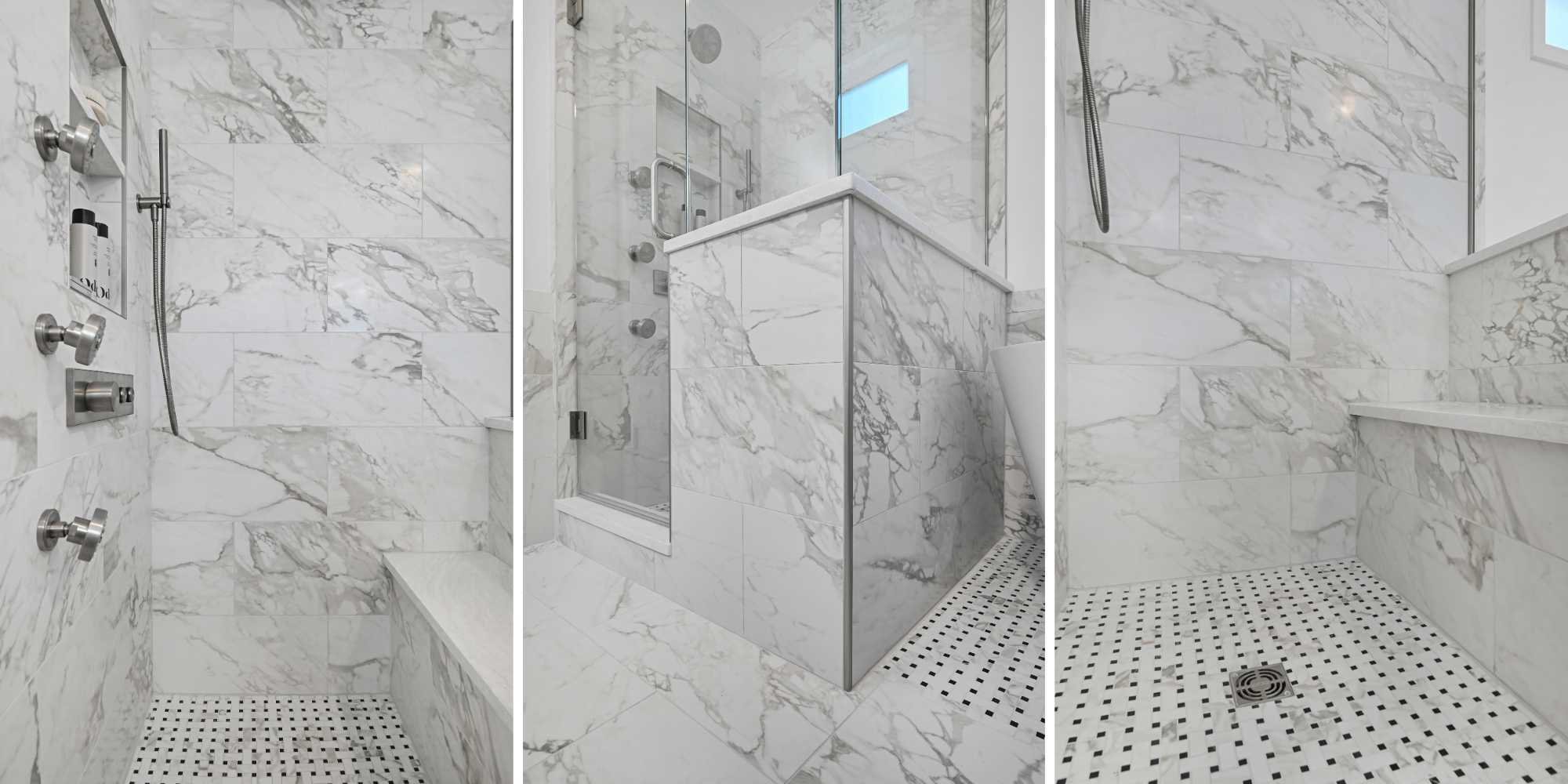 Different angles of the remodeled glass shower with bench seat, various controls by J&J Construction