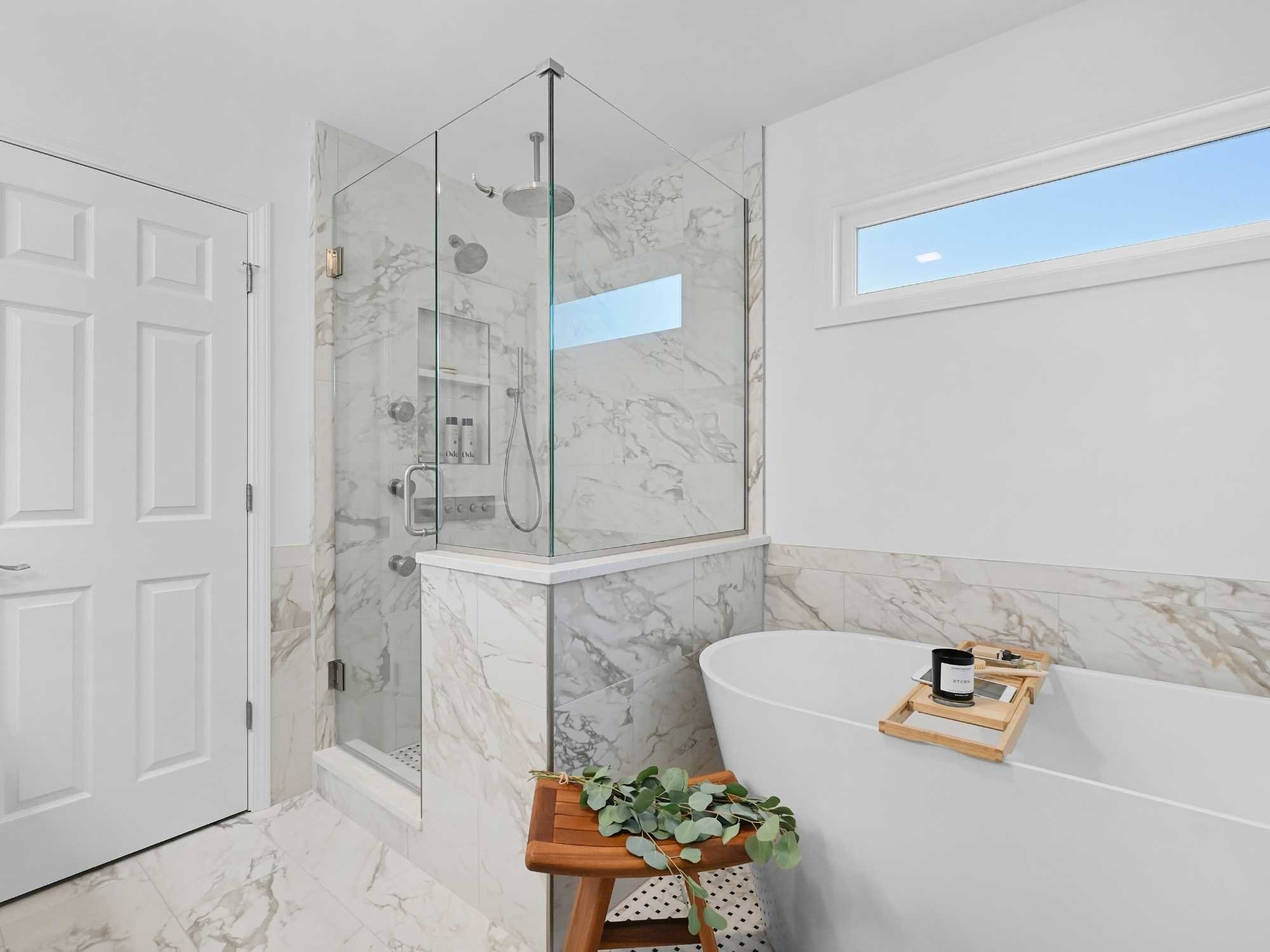 Image of a master bathroom remodel with walk-in shower and soaking tub in Chicagoland
