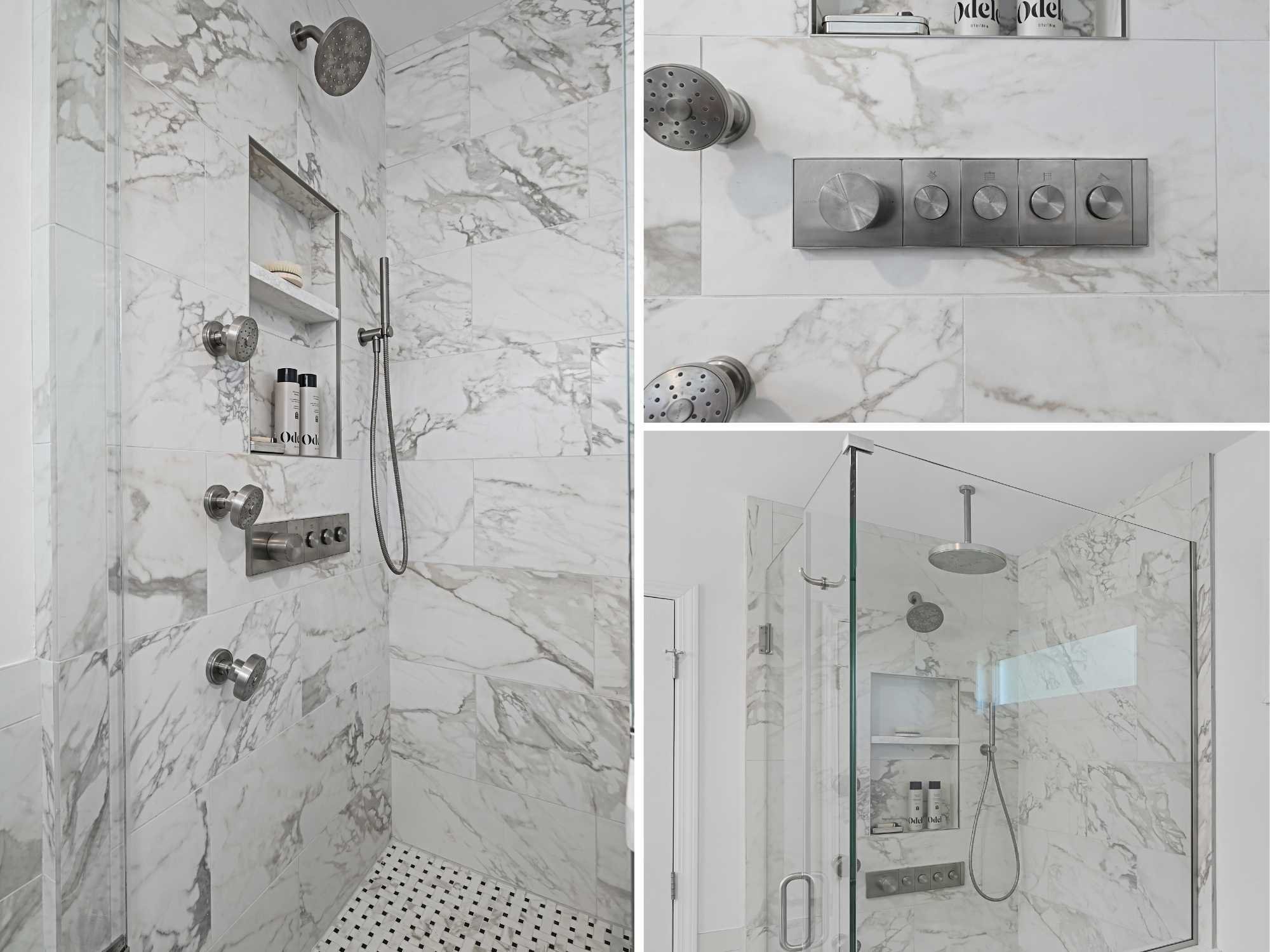 Image of a remodeled shower with Kallista plumbing system for rainhead, handheld, and multiple body sprays