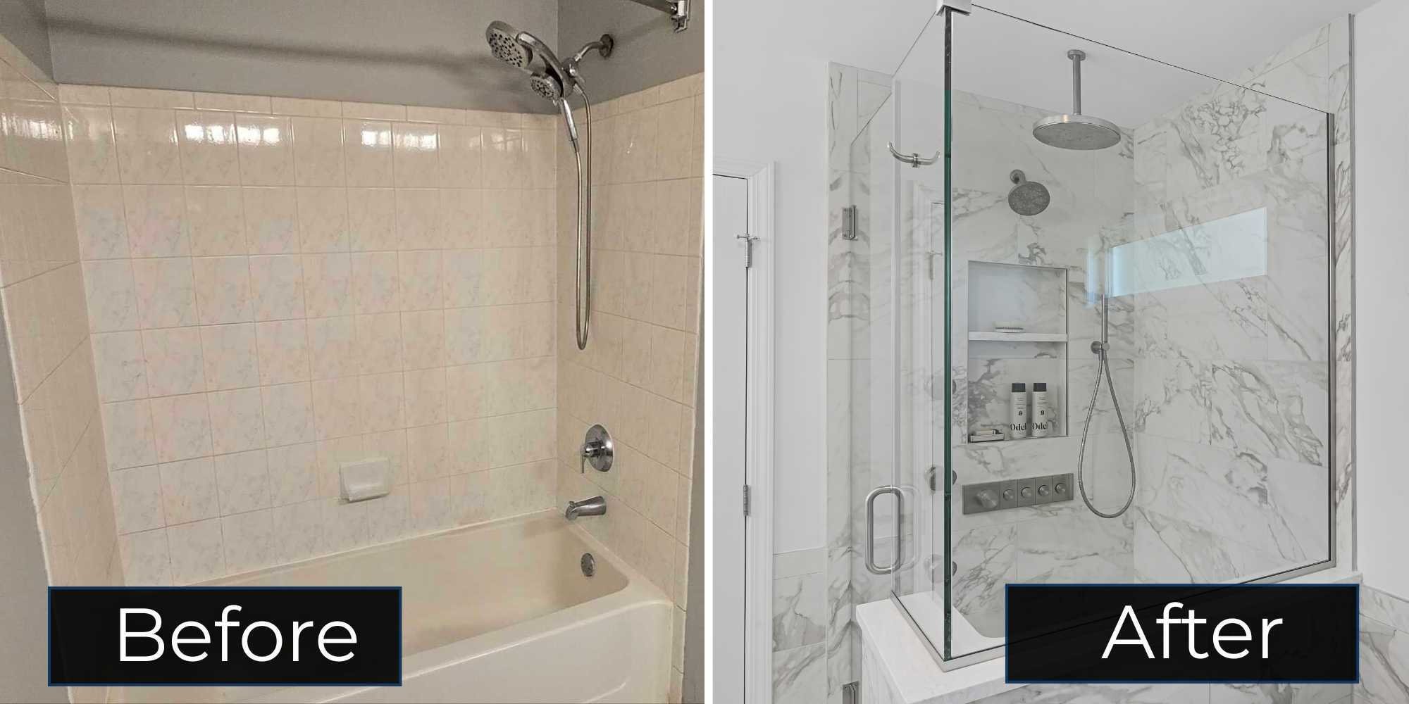 Image of a shower before and after the bathroom remodel in Chicagoland by J&J Construction
