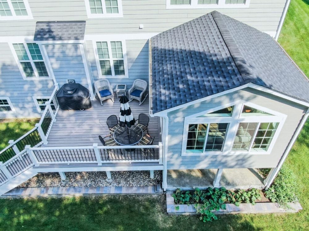 Aerial view of 3-season sunroom and deck addition by J&J Construction in Naperville, IL Aerial view of 3-season sunroom and deck addition by J&J Construction in Naperville, IL