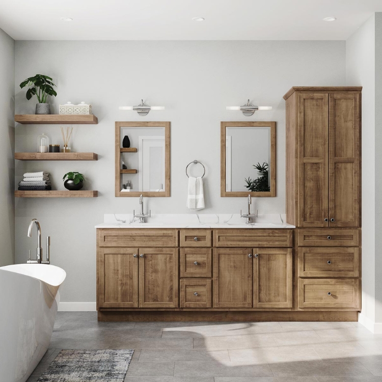 natural wood bathroom cabinets and floating shelves