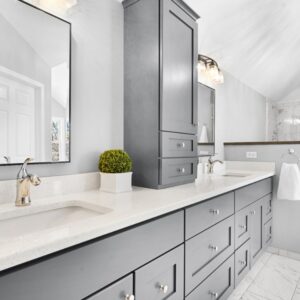 Dark gray bathroom vanity with countertop cabinet