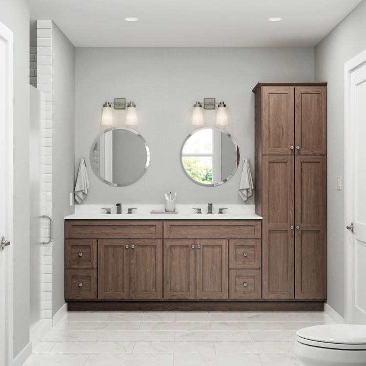 Wood tone bathroom vanity