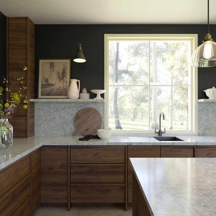 Warm wood kitchen with green accent wall