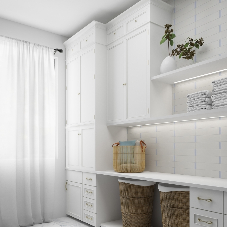 vertical storage in mudroom laundry room