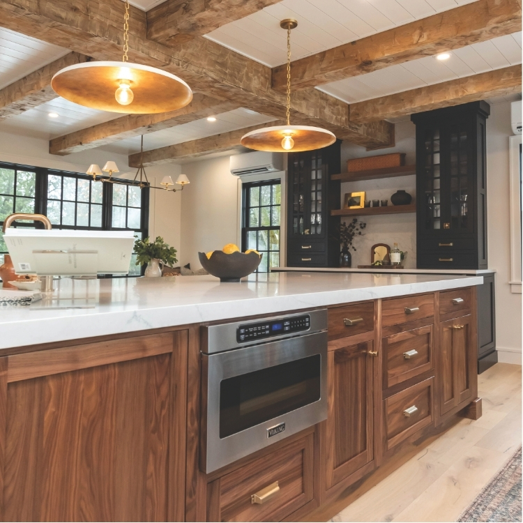 kitchen with open shelving, glass front cabinets and island with drawers