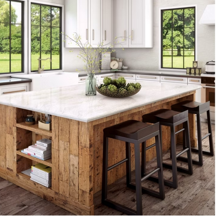 warm wood kitchen island with seating and shelves