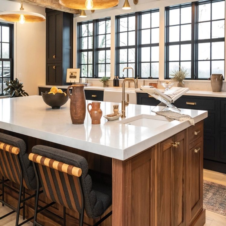 walnut kitchen island and black cabinets