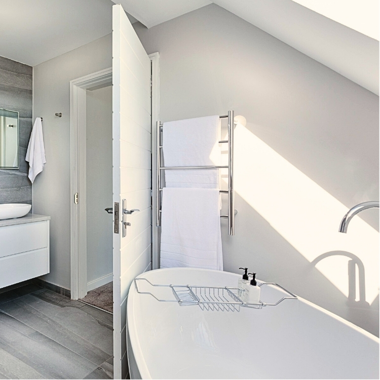 bathroom with skylight over tub