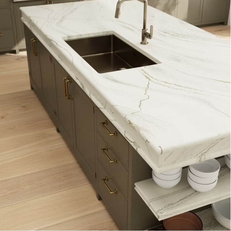 kitchen island with quartz countertops and shelves