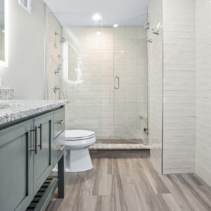 1/3 offset tile wood look bathroom